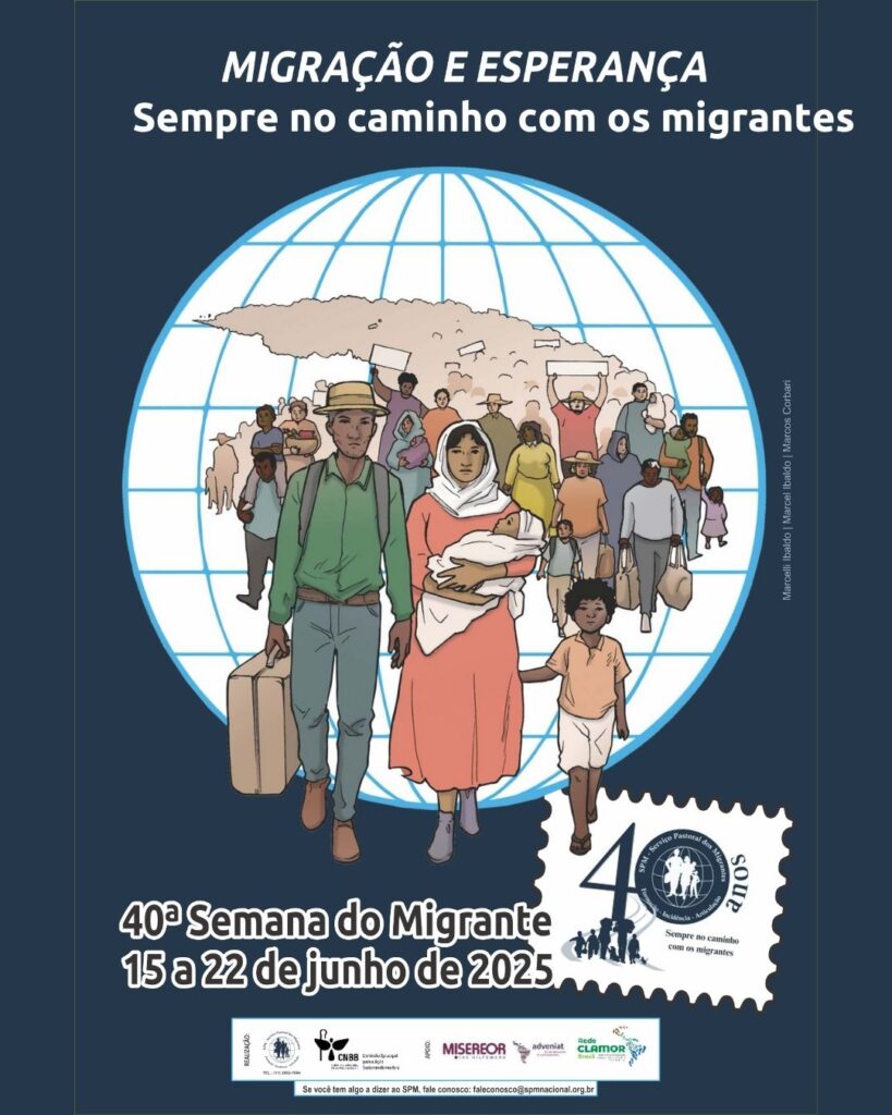 Cartaz vertical da Semana do Migrante 2025 com o título “Sempre no caminho com os migrantes”. A imagem mostra um grupo diverso de pessoas migrantes caminhando com mochilas e sacolas, incluindo homens, mulheres e crianças. O fundo tem tons terrosos e quentes, com estrada, sol e vegetação estilizada ao fundo, transmitindo a ideia de jornada, esperança e acolhimento.