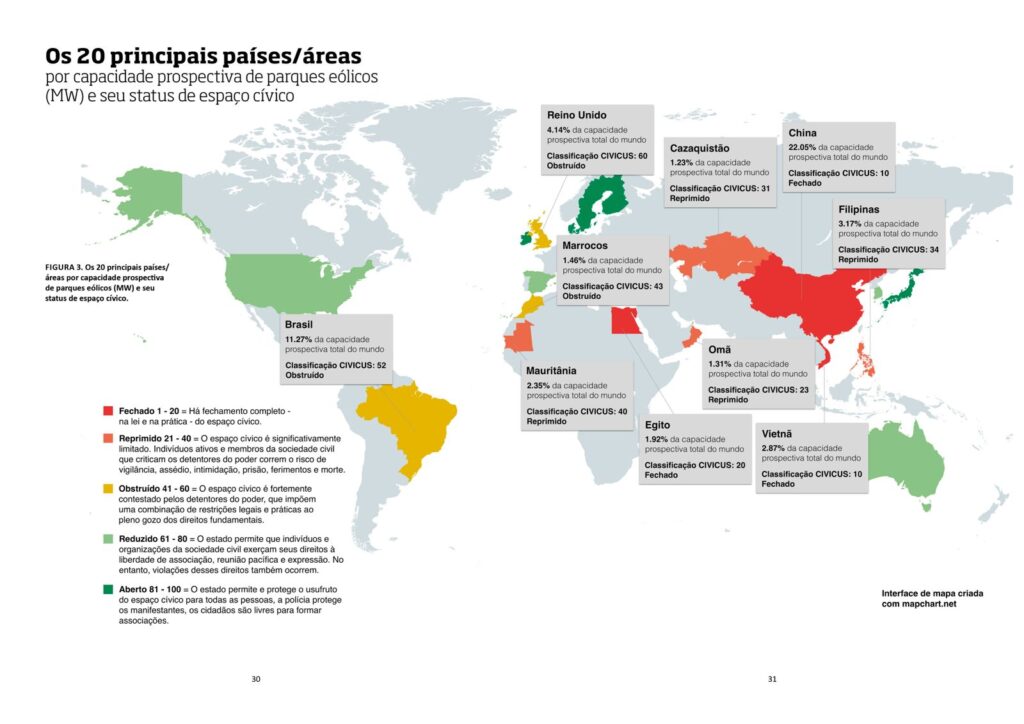 Mapa ilustrativo mostrando os 20 principais países ou áreas por capacidade prospectiva de parques eólicos no mundo.