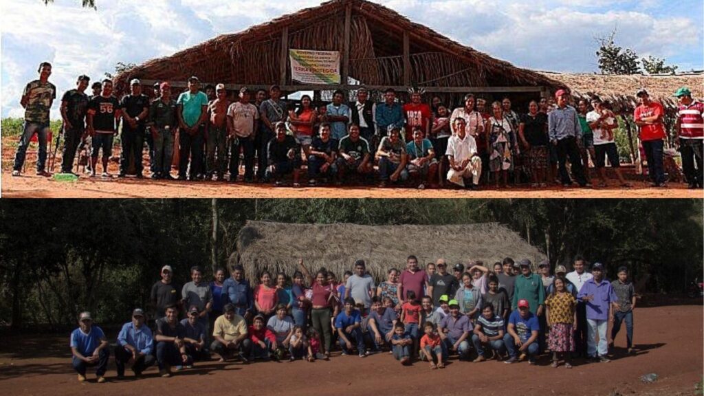 Foto de um grupo de indígenas Avá-Guarani Paranaense numa aldeia do lado brasileiro e, abaixo, outro grupo de indígenas da mesma etnia, mas em aldeia no lado paraguaio.
