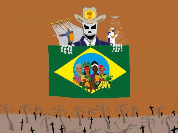 Ilustração com fundo marrom mostra uma figura esquelética vestida de terno e chapéu de fazendeiro, com um adesivo na aba que diz "Lucro acima da vida". A figura segura a bandeira do Brasil, porém no centro da bandeira estão cinco pessoas negras, indígenas e camponesas, com trajes e alimentos típicos, representando a diversidade e a luta dos povos. Atrás da figura esquelética, há aviões e drones pulverizando agrotóxicos.