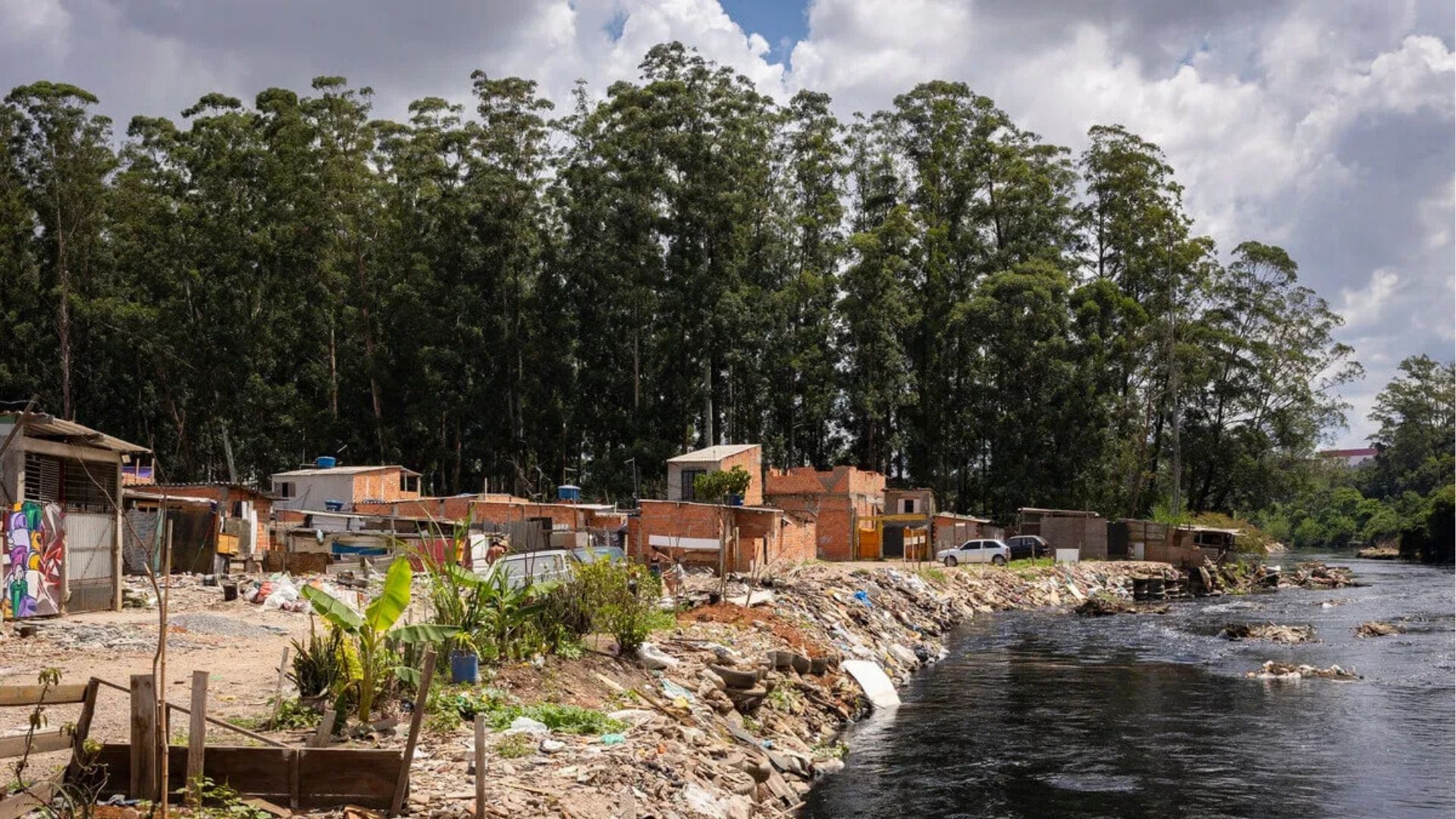 Comunidade urbana em precárias moradas à margem de rio poluído, com lixo acumulado e mata densa ao fundo, retratando desigualdade socioambiental e falta de saneamento básico.
