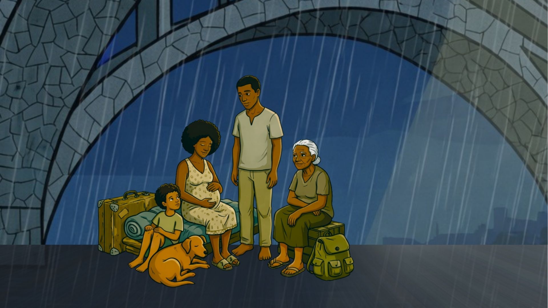 A família de quatro pessoas e um cachorro sentados sob um arco de pedra, protegendo-se da chuva. Inclui um homem, uma mulher grávida, uma criança e uma idosa com malas, em situação de deslocamento.