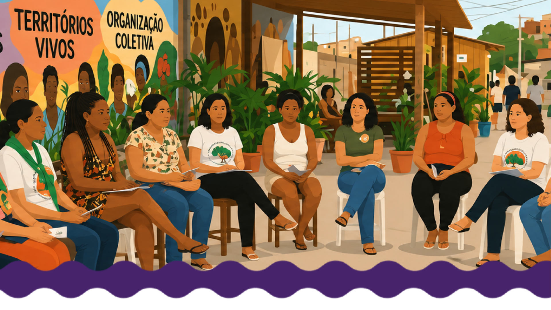 Ilustração de mulheres sentadas em círculo participando de um encontro comunitário, com cartazes ao fundo que dizem "TERRITÓRIOS VIVOS" e "ORGANIZAÇÃO COLETIVA".