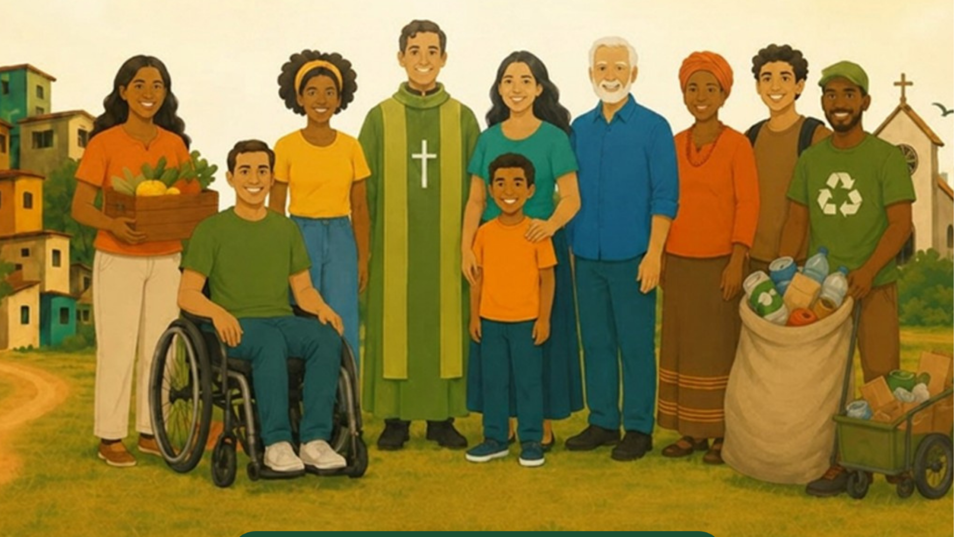 Ilustração de um grupo diverso de pessoas, incluindo um padre, uma pessoa em cadeira de rodas, idosos, crianças e ativistas ambientais, reunidos em comunidade.