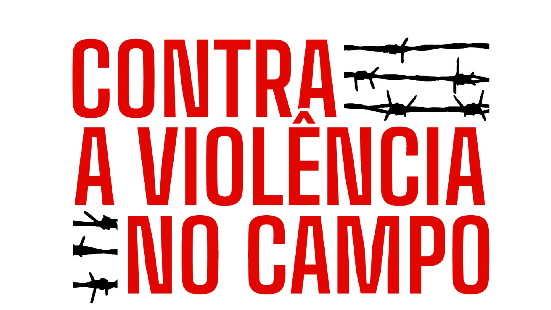 Cartaz branco com o texto "CONTRA A VIOLÊNCIA NO CAMPO" escrito em letras maiúsculas vermelhas e grossas. O design inclui ilustrações de fios de arame farpado pretos: três linhas horizontais à direita da palavra "CONTRA" e três verticais à esquerda das palavras "NO CAMPO".