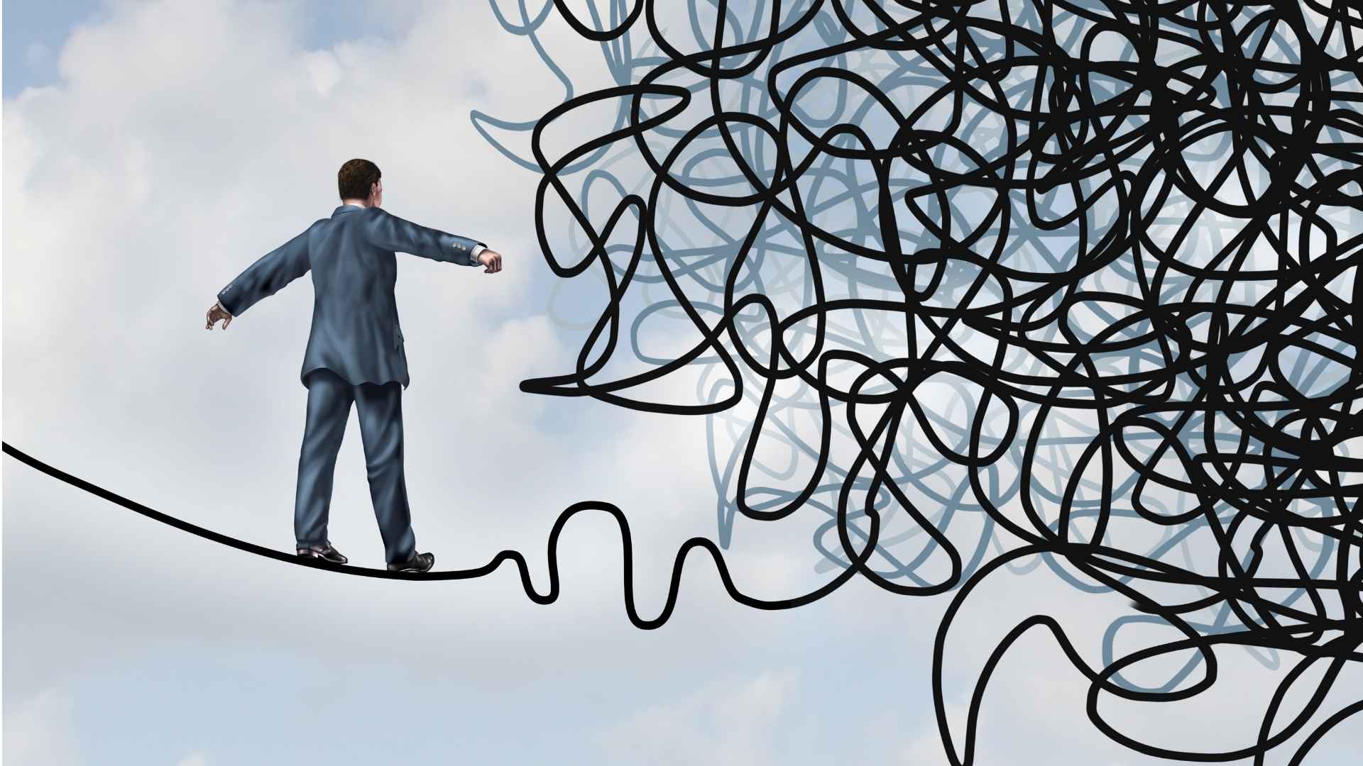 escrever o texto alternativo da imagem15:09 Ilustração de um homem de terno azul caminhando em cima de uma corda bamba, com os braços abertos para manter o equilíbrio. À frente dele, a linha se transforma em um labirinto caótico e intrincado de fios pretos sobre um fundo de céu nublado.